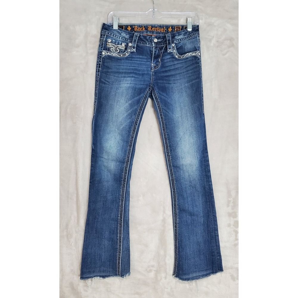 Rock Revival Jeans‎ Womens 26 (28x29) Sapphire Boot Cut Mid Rise Blue Cut Off